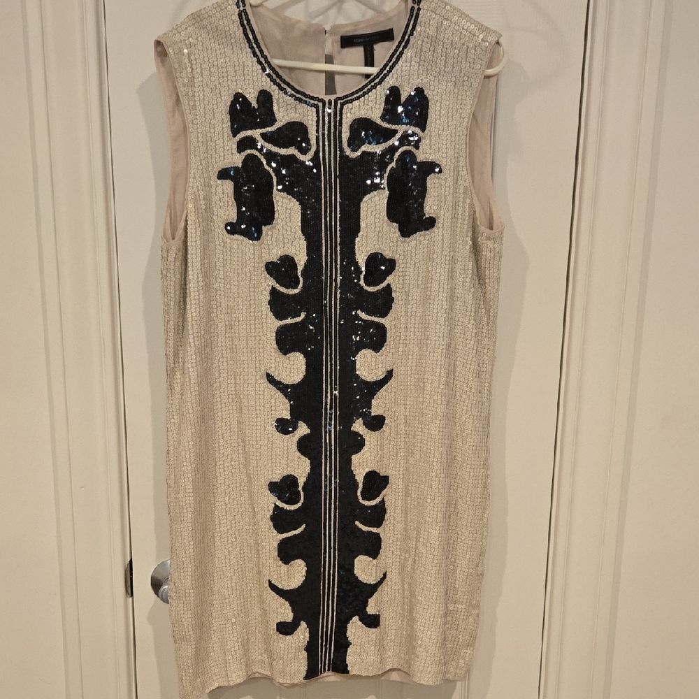 BCBGMaxAzria Cream Dress with Black Sequins